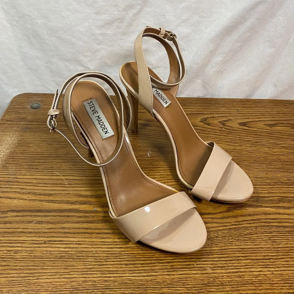 Steve Madden Reno Heels Ankle Strap Dressy Party Nude Beige Size 9.5M